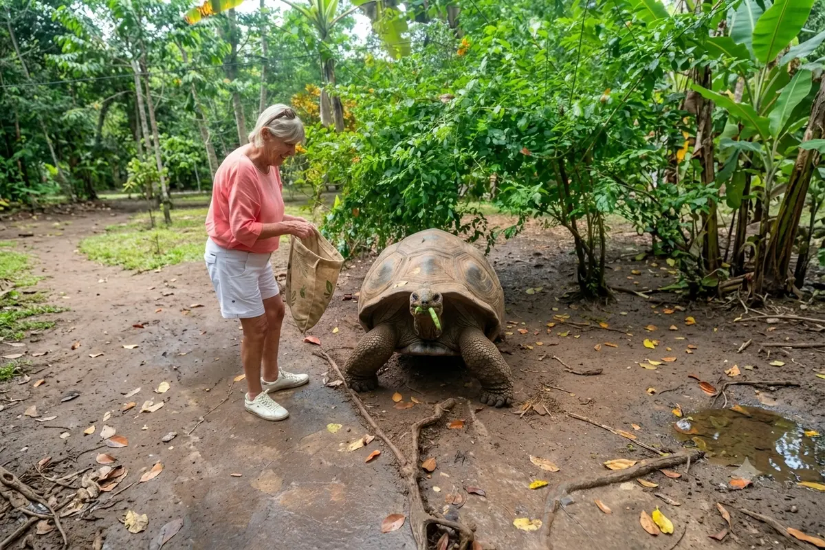 Giant tortoise walking through Lemuria Land Park in Madagascar