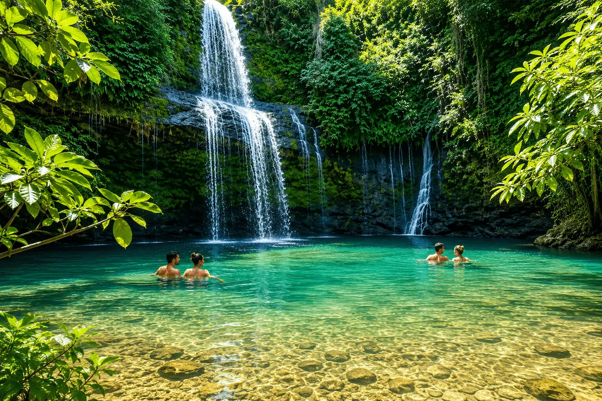 Tourist swimming at the sacred waterfall in Nosy Be