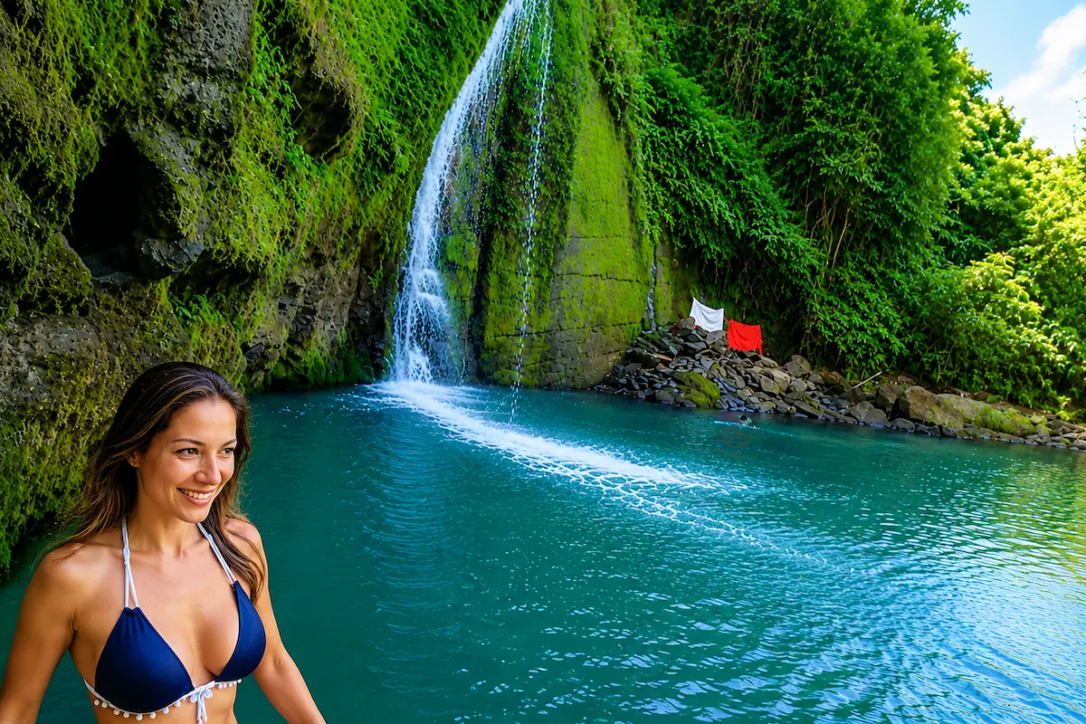 Woman enjoying the waterfall at Nosy Be